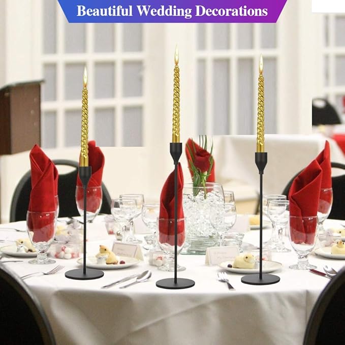 Set of 3 Black Candlestick Holders - Decorative Taper Candle Holders for Home Decor, Wedding, Dining, Party, Anniversary