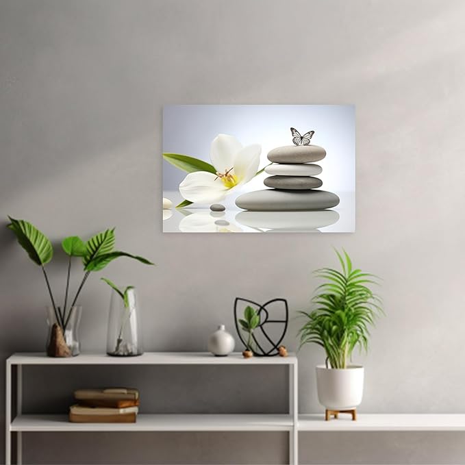 ARTZGX Zen Canvas Wall Art Spa Stones Picture Print Flower and Butterfly Painting Meditation Artwork Bathroom Yoga Decor Frame(Zen Flower - C 20.00" x 30.00")