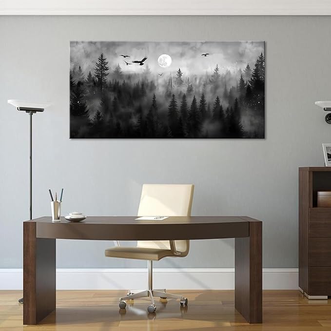 ZESTRILIA Forest Wall Art Black & White Moon Night Retro Canvas Prints Modern Rustic Paintings Nordic Artwork Landscape Picture for Country Farmhouse Living Room Bedroom Home Office Décor (20x40inch)