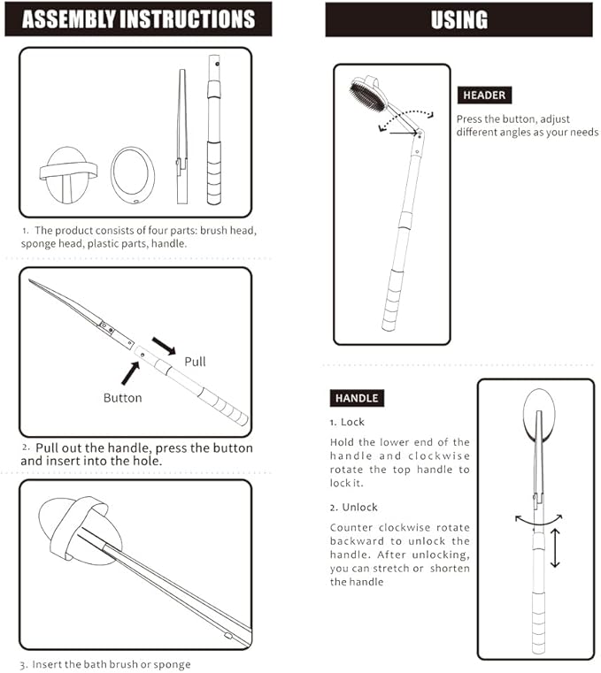 EASACE Long Handle Bath Body Brush & Lotion Applicator for Back Scrubber, Shower Brush with Soft Bristles for Wet or Dry