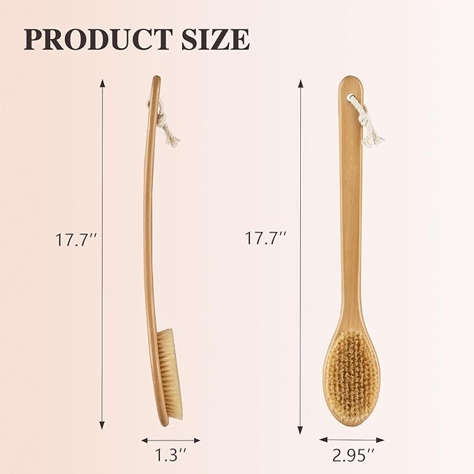 Bamboo Long Handle Back Scrubber Brush,Dry Body Scrubber for Dry Skin, Blood Circulation, Cellulite Treatment,Dry Brush Suitable for All Kinds of Skin with Soft and Stiff Bristles