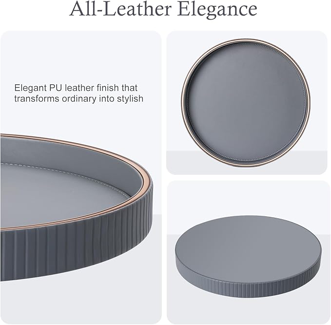 GORESE Round Coffee Table Tray for Home Decor, 12" PU Leather Decorative Serving Trays Table Centerpiece for Kitchen Island, Perfume Trinket Trays for Dresser, Ottoman Tray Nightstand Organizer, Gray