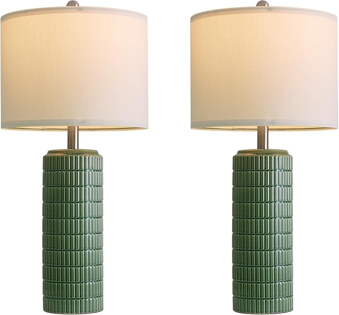 PoKat 27.5" Dark Green Ceramic Table Lamps for Living Room, Farmhouse Table Lamps Set of 2 for Bedroom Night Stands, Modern Bedside Lamps for End Side Table, Vintage Nightstand Decor Lamps Home Office