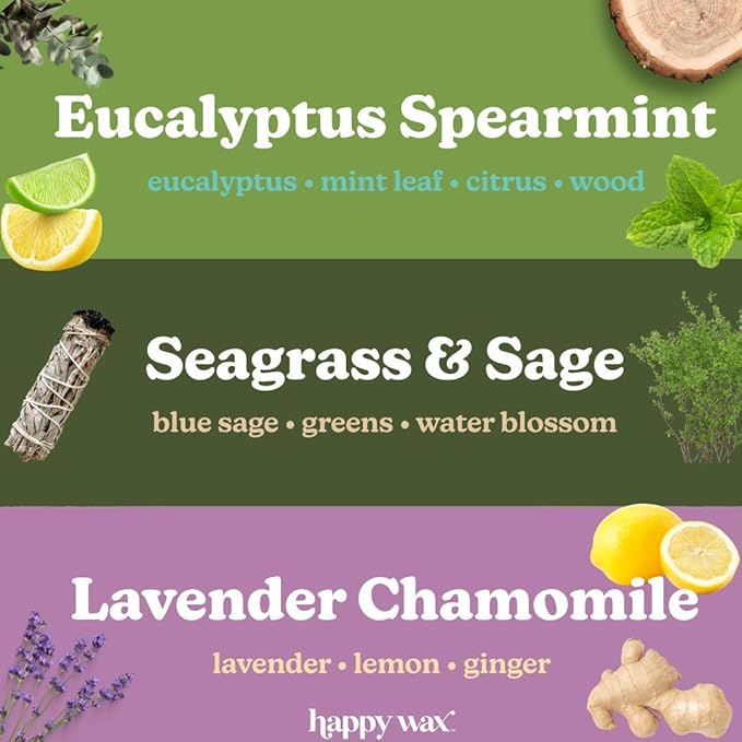 Happy Wax Spa Mix Premium Scented Natural, Non Toxic Soy Wax Melts – 6 Total Oz. of Scented Wax Melts. Includes: Seagrass & Sage, Lavender Chamomile, and Eucalyptus Spearmint