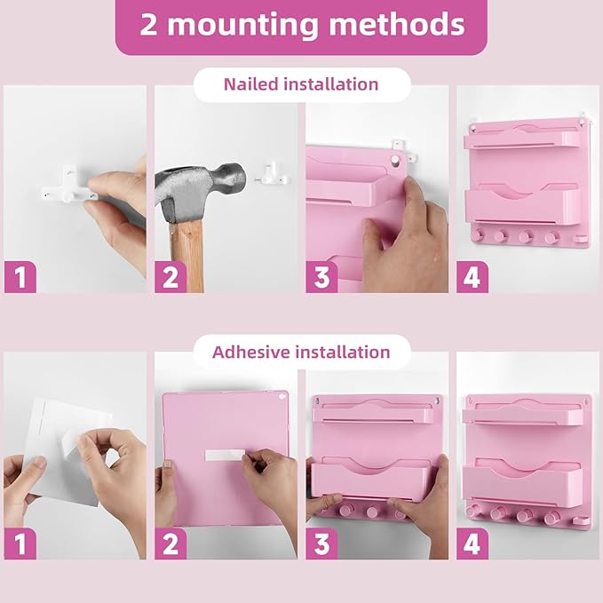 JUMEIHUI Bedside Shelf Accessories Organizer with Glasses Hooks, Wall Mount Self Stick On, Cute Room Decor Aesthetic, Girls Room Decor with 50 PCS Motivational Text Graffiti Stickers (Pink)