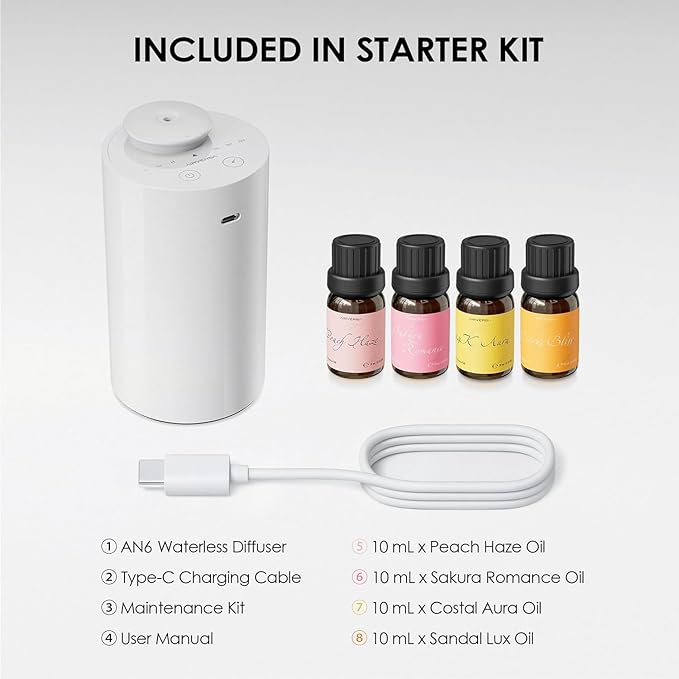 Airversa Waterless Essential Oil Diffuser Starter Kit with 4 x 10mL Fragrance Scent Oil, Battery Operated Mini Scent Air Machine Portable Diffuser for Home Car Office, AN6 White Kit01