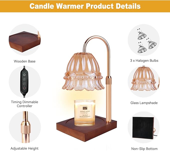 Candle Warmer Lamp, Candle Warmer Lamp Adjustable Height, Candle Warmer Light with Timer & Dimmer, Compatible with Jar Scented Candles, Flower Candle Warmer with 3 Bulbs for Home Decor