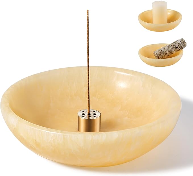 Koville Natural Onyx Incense Holder, Incense Holder for Sticks with 9 Holes, Handmade Incense Burner Ash Catcher for Meditation Yoga SPA, Balsam Fir/Palo Santo/Sage/Cone Incense Bowl(Orange)