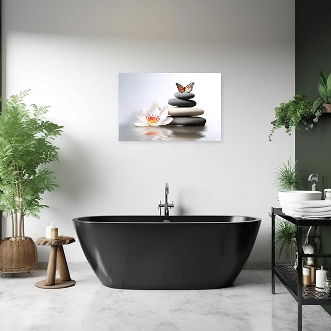 ARTZGX Zen Canvas Wall Art Spa Pictures Wall Decor Flower Zen Stones Butterfly Painting Print for Bathroom Yoga Decor Frame(Zen Flower - A 28.00" x 42.00")