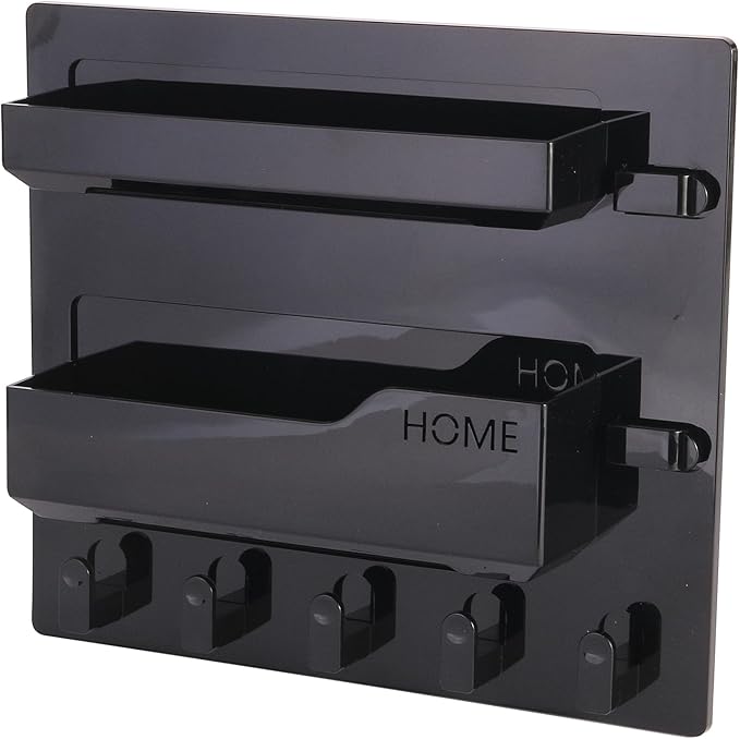 Bedside Shelf Wall Mount, Adhesive Bedside Shelf Accessories Organizer with Hooks and Cable Clips,Dorm Bedside Wall Storage for Phone, Remote, Earphone, Kindle,Plastic (5 Hooks Style-Black)