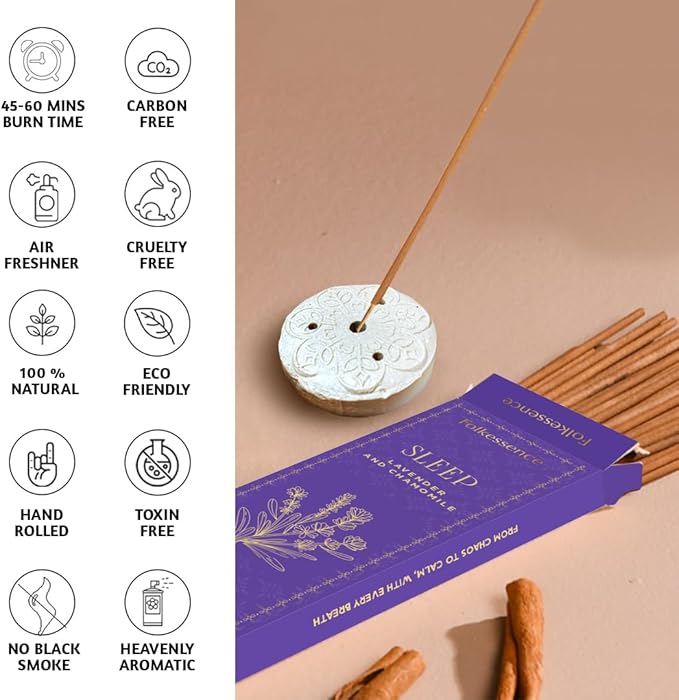 Folkulture Incense Sticks | Set of 100 Insence-Sticks with Holder for Relaxation | Lavender & Chamomile Incense | Organic, Slow Burning & Non Toxic Inscents for Meditation |Relaxing for Sleep