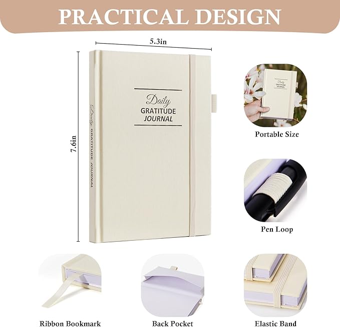 Gratitude Journal with 4 Inspirational Stickers: Undated Daily Gratitude Journal for Women and Men - More Happiness, Affirmation, and Mindfulness in A Few Minutes with Prompts & Quotes (Beige)