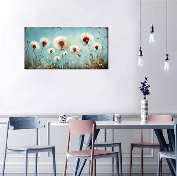 ZESTRILIA Dandelions Wall Art Retro Canvas Prints Modern Rustic Canvas Paintings Waterproof Artwork Landscape Picture for Country Farmhouse Living Room Bedroom Home Office Kitchen Décor (23x46inch)