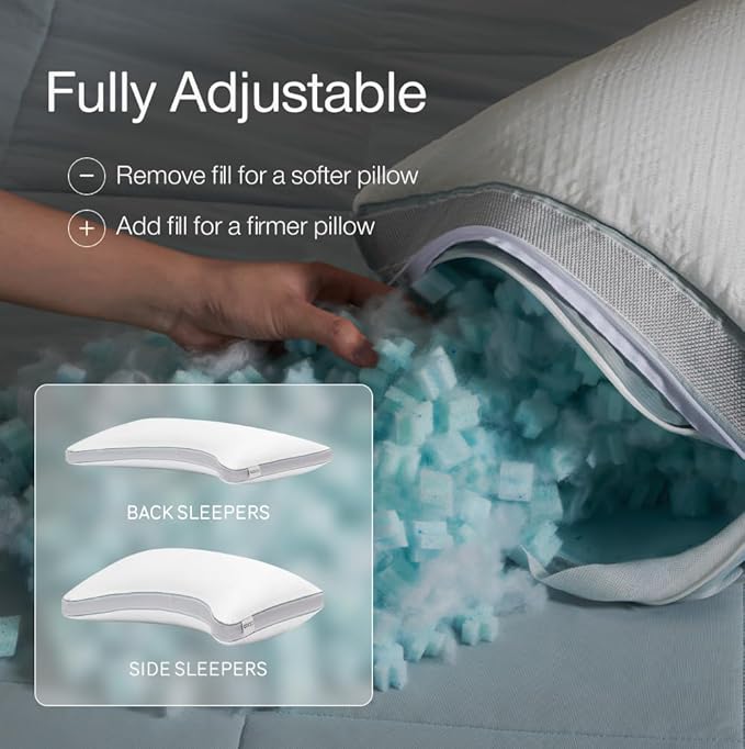 Coop Home Goods Cool+ Crescent Adjustable Pillow, King Size Plus Shaped Memory Foam Pillows with Cooling Gel, Neck Support, Back or Side Sleeper Pillow, CertiPUR US/GREENGUARD Gold