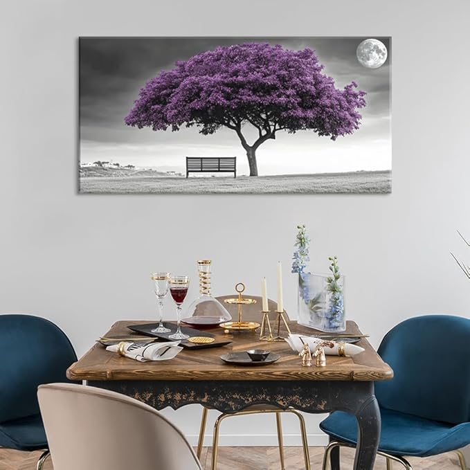 ZESTRILIA Country Purple Tree Wall Art for Living Room Office Violet Gray Moon Canvas Painting Prints Artwork Dining Bedroom Decor Extra Large (58x28 Inches)