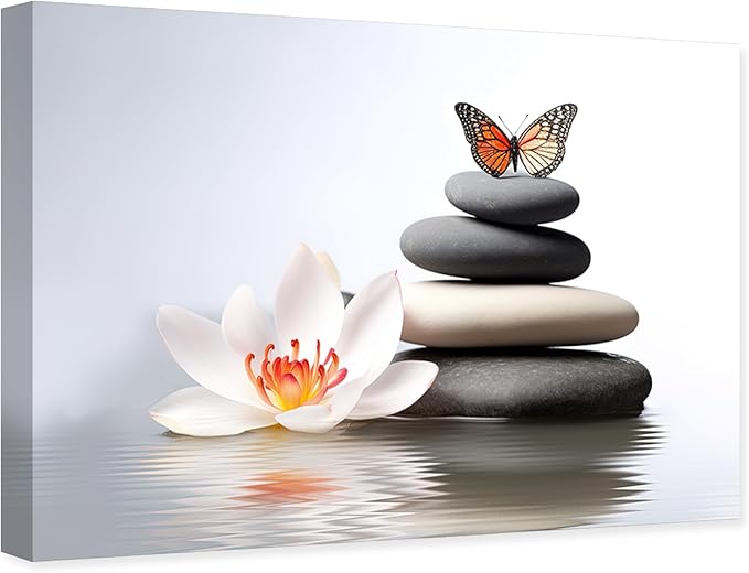 ARTZGX Zen Canvas Wall Art Spa Pictures Wall Decor Flower Zen Stones Butterfly Painting Print for Bathroom Yoga Decor Frame(Zen Flower - A 20.00" x 30.00")