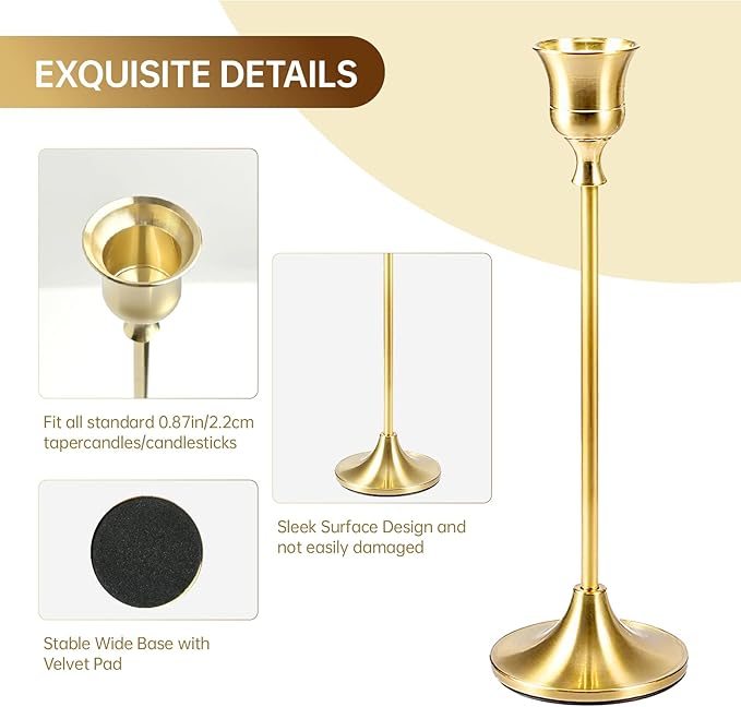 2 Sets(6 Pcs) Candle Stick Holders, Brass Gold Metal Taper Candle Holders, Vintage Modern Decorative Centerpiece Candlestick Holders for Table Mantel Wedding Housewarming Gift