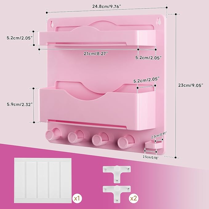 JUMEIHUI Bedside Shelf Accessories Organizer with Glasses Hooks, Wall Mount Self Stick On, Cute Room Decor Aesthetic, Girls Room Decor with 50 PCS Motivational Text Graffiti Stickers (Pink)