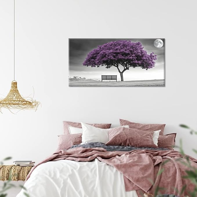 ZESTRILIA Country Purple Tree Wall Art for Living Room Office Violet Gray Moon Canvas Painting Prints Artwork Dining Bedroom Decor Extra Large (58x28 Inches)