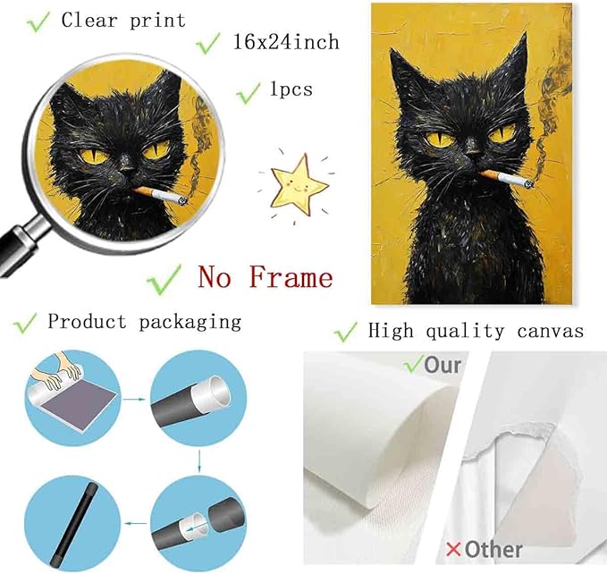 Black Cat Canvas Wall Art Smoking Cat Picture Abstract Animals Prints Vintage Cats Poster Retro Animal Prints Animal Portrait Painting Funny Cats Posters Funky Living Room Decor 16x24inch No Frame