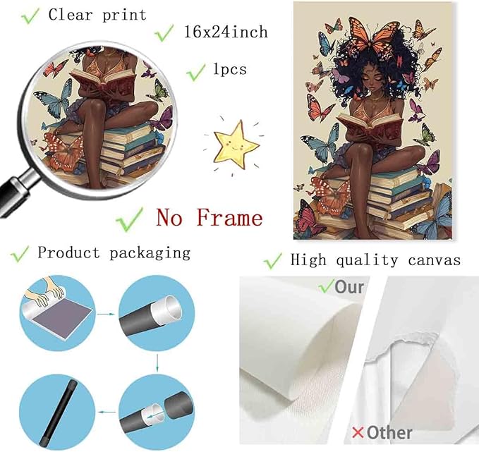 Black Girl Reading Poster African American Artwork Boho Butterfly Painting Black Girl Art Prints Vintage Reading Picture Inspiring Wall Reading Book Print African Minimalist Posters 16x24inch No Frame