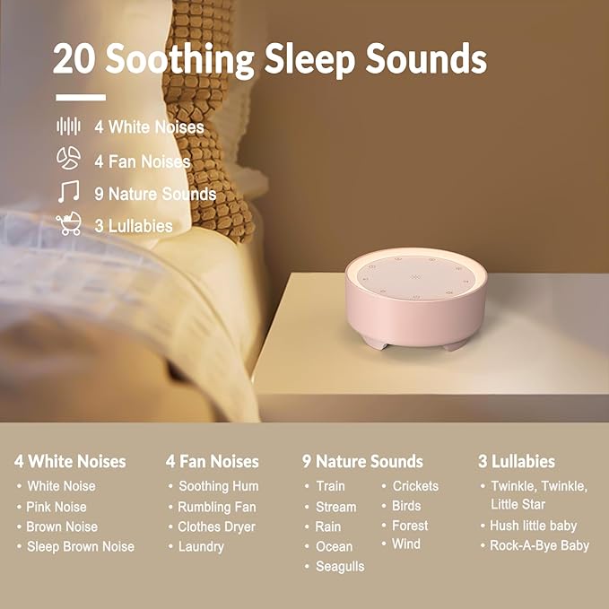 Kipcush Sound Machine & Night Light for Adults, Baby, Kids. White Noise Machine with 20 Soothing Sleep Sounds. Small Size & Portable Design for Bedroom, Office, Travel. Favorites Buttons, Timer(Pink)