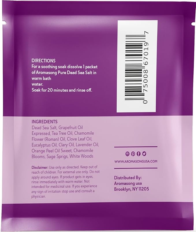 Aromasong Pure Dead Sea Salt 100% Natural Lavender Essential Oil – 2.5 oz. Spa Bath Salt Fine Grain- Christmas Stocking Stuffers for Adults, Kids, Women, and Mens soak Stocking Stuffers for Adults