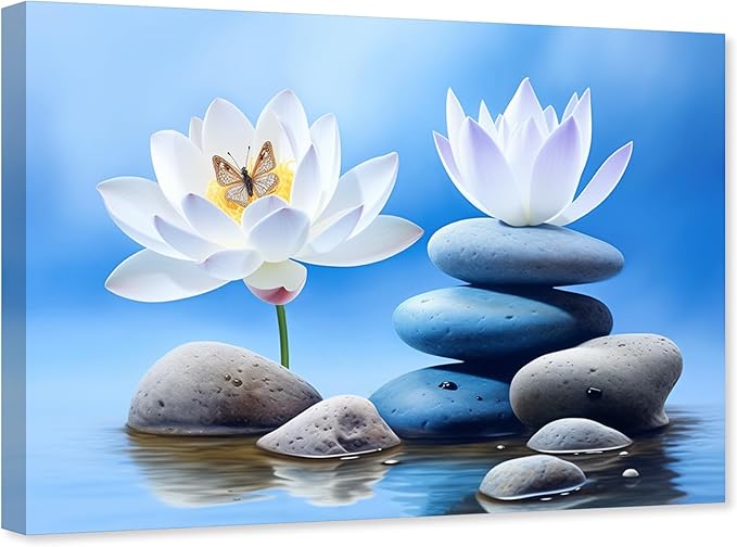 ARTZGX Zen Canvas Wall Art for Bathroom Lotus Pictures Blue Spa Stone Painting Butterfly Flower Artwork for Yoga Decor Frame(Zen - B 12.00" x 18.00")