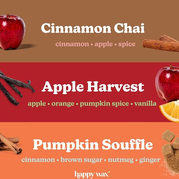 Happy Wax Savory Mix Premium Scented Natural, Non Toxic Soy Wax Melts – 6 Total Oz. of Scented Wax Melts. Includes: Cinnamon Chai, Apple Harvest, and Pumpkin Soufflé