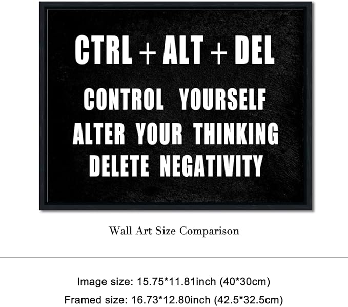 Pyradecor Black Framed Canvas Wall Art Motivational CTRL+ALT+DEL Classroom Positive Quotes Inspirational Poster Canvas Prints for Office Home Decorations