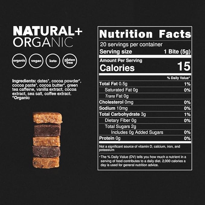 CAFF All Natural Energy Bites - Caffeinated Chocolate Flavored Chew for Energy Boost - No Added Sugar - 65mg Caffeine Chocolate Bars โ 15 Calorie Organic Caffeine Snacks - Vegan, Gluten-Free, Keto (20 Bites)