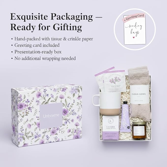 Unboxme Luxury Lavender Spa Gift Set – Relaxation Gift Basket & Care Package for Women with Candle, Bath Bomb, Soap, Cozy Socks, Mug & Tea – Get Well Soon, Sympathy, Birthday Self-Care Gift