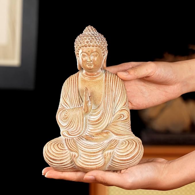 Zen Buddha Statue - Hand Carved Wood Grain Resin Meditation Decor, Feng Shui Ornament for Living Room Desk, Spiritual Space Zen Garden Decoration (Housewarming Gift/Mindfulness Aid, 7.87inch)