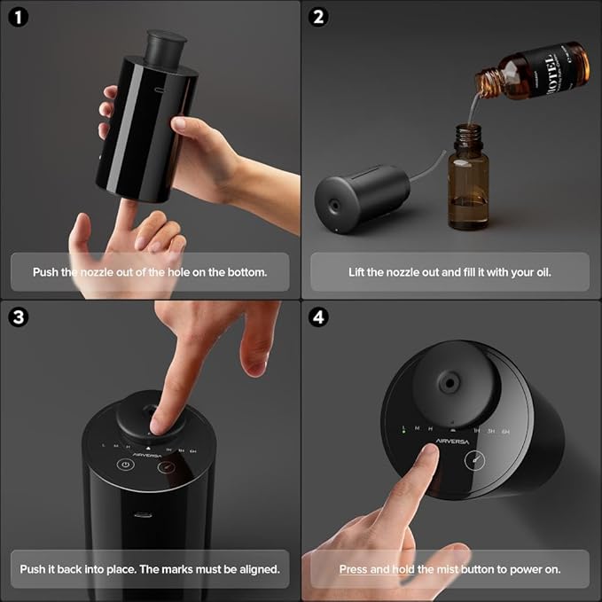 Airversa Waterless Diffuser for Essential Oil, Battery Operated Nebulizer, 0.7 Fl.Oz./ 20mL Capacity, Mini Scent Air Machine, 3 Countdown Timers & 3 Mist Levels for Home, Room, Car, Office - AN6 Black