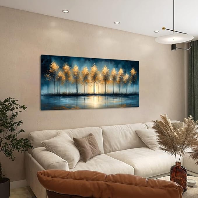 ZESTRILIA Golden Trees Wall Art Impression Canvas Abstract Sunset Oil Painting Reproduction Print Artwork Landscape Picture for Living Room Bedroom Home Office Kitchen Décor (23x46inch)