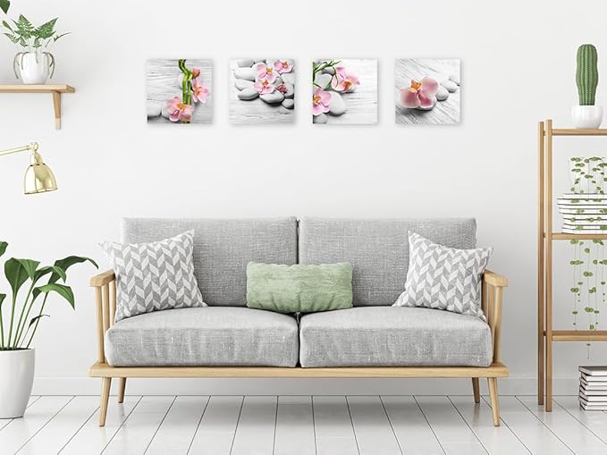 Biufo Zen Stones Canvas Wall Art Prints Floral Picture Artwork for Bathroom Bedroom Yoga Spa Room Decor (12"x12"-4Pcs, Grey)