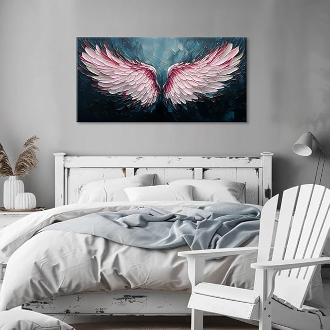 ZESTRILIA Angel Wings Wall Art for Girls Room Pink Navy Blue Canvas Oil Painting Prints Modern Abstract Fantasy Anime Artwork Living Bedroom Office Decor Extra Large (58x28 Inches)