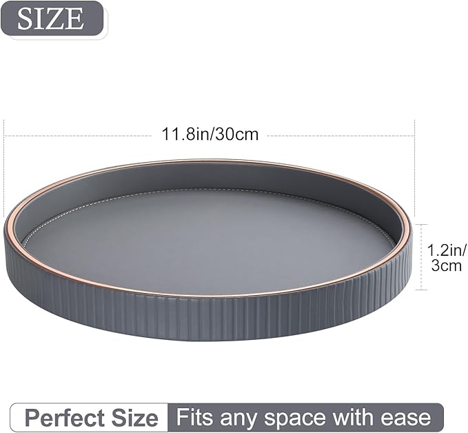 GORESE Round Coffee Table Tray for Home Decor, 12" PU Leather Decorative Serving Trays Table Centerpiece for Kitchen Island, Perfume Trinket Trays for Dresser, Ottoman Tray Nightstand Organizer, Gray