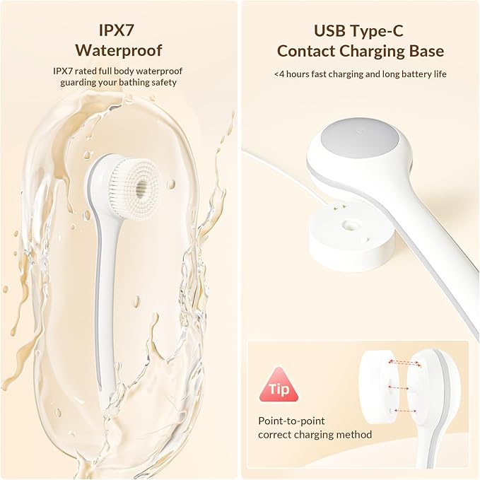 Electric Body Brush Back Scrubber for Shower, Waterproof Long Dual Handle Power Body Scrubber with 3 Heads, Rechargeable Bath Brush & 2 Speeds, for Cleansing, Exfoliating and Massaging Skin