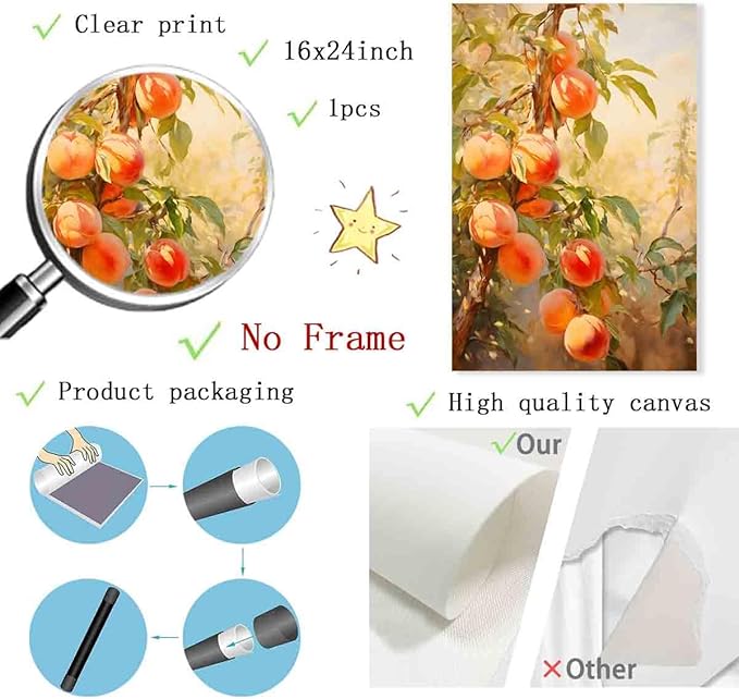 Mostemauo Peach Wall Art Still Life Fruit Painting Summer Wall Art Fruit Market Print Vintage Painting Abstract Botanical Picture Aesthetic Modern Kitchen Living Room Decor 16x24inch No Frame