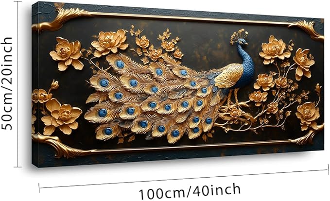 ZESTRILIA Pretty Peacock Wall Art for Living Room Office Gold Country Rustic Retro Asian Canvas Painting Prints Golden Vintage Elegant Peackock Artwork Dining Bedroom Decor (40x20 Inches)