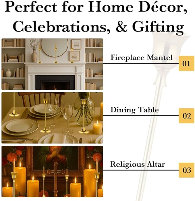 Gold Candlestick Holders Set of 6 – Decorative Taper Candle Holders for Home Decor, Weddings, Parties – Elegant Metal Candle Stands with Brushed Finish – Easy Assembly – Fits Standard & LED Candles