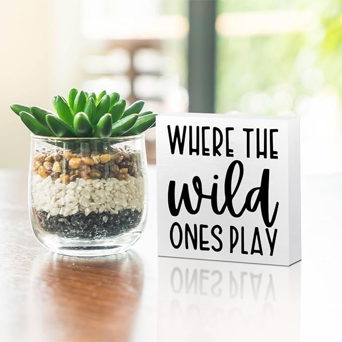 Where The Wild Ones Play, Playroom Decor Wooden Box Sign, Nursery Decor Gift for Nursery Bedroom Playroom Front Door Rustic Farmhouse Home Office Table Decorations Wood Block Plaque