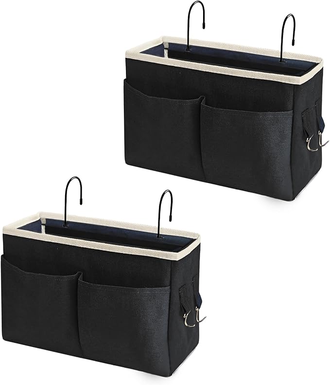 Bedside Caddy/Bedside Hanging Storage Bag Multi-Function Caddy for Bunk bed Hospital Beds Dorm Bed Rails, Holders Books Glasses Phones Magazine(2pc Black)