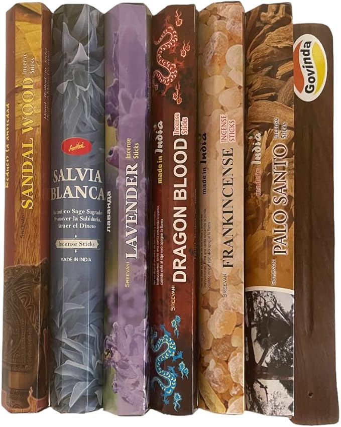 Sreevani Incense Sticks Variety Pack #4 and Incense Stick Holder Bundle Gift Set with 6 Most Popular Fragrances