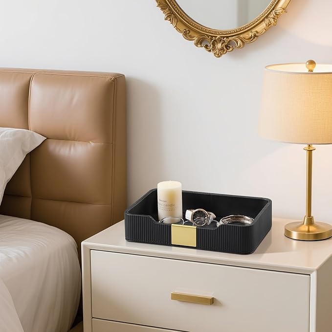 Valet Tray Desktop Storage Organizer, PU Leather Catchall Bedside Vanity Tray with Brass Accents Block Nightstand Organizer for Keys Watch Wallet Phone, Decorative Nightstand Storage (Black)