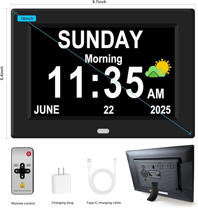 10'' Large Display Digital Alarm Clock for Seniors Date Day of Week Electric Digital Clocks 12 Alarms 4 Colors Desk Calendar Clocks for Memory Loss Alzheimers Clock Auto DST/Dimmer