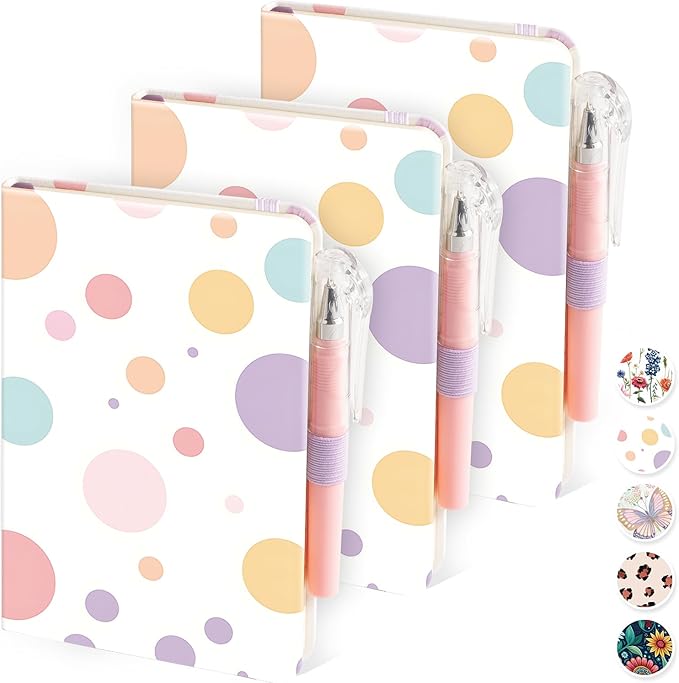 Small Journal Pocket Notebook with Pen, 3 Pack Cute Mini Notebook for Girls/Kids/Women, (Color Bubbles) 3.7" x 5.7", 100GSM Lined Paper, Aesthetic Hardcover Leather Cover Note Pad