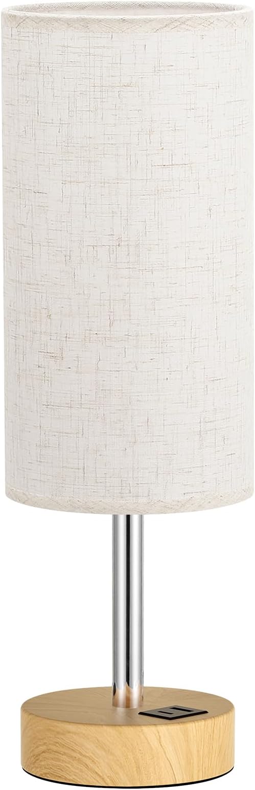 Touch Bedside Table Lamp with USB - 3 Way Dimmable Wood Lamp for Bedroom Nightstand, Desk Lamp with Charging Station for Dorm, Living Room, Office, Kids Room, Small, 14in