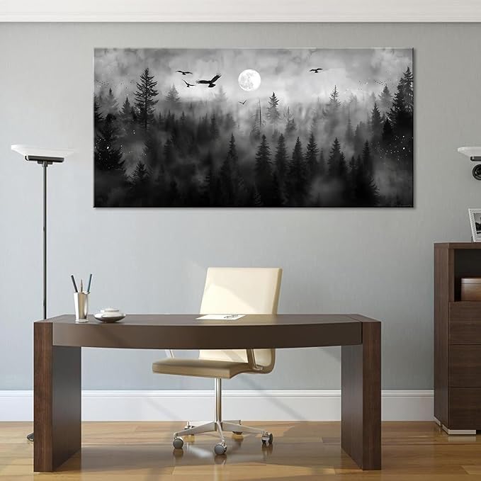 ZESTRILIA Forest Wall Art Black & White Moon Night Retro Canvas Prints Modern Rustic Paintings Nordic Artwork Landscape Picture for Country Farmhouse Living Room Bedroom Home Office Décor (23x46inch)